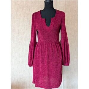 Women's Burgundy Flowy Long-Sleeve Notch-Neck Knit Dress